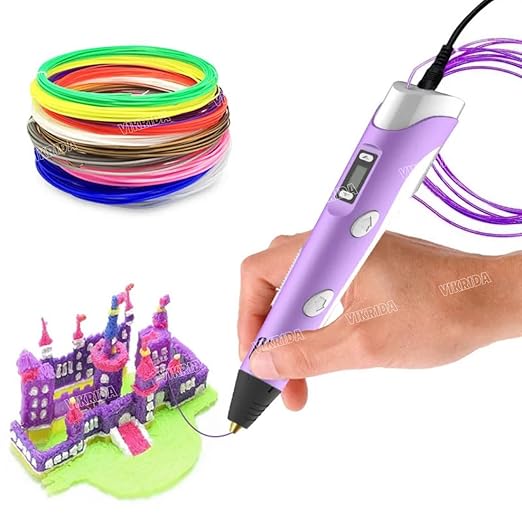 VikriDA 3D Printing Pen with LCD Display & 3 PLA Filament Colors | USB Powered 3D Drawing Pen for Kids & Adults  -  Multicolor