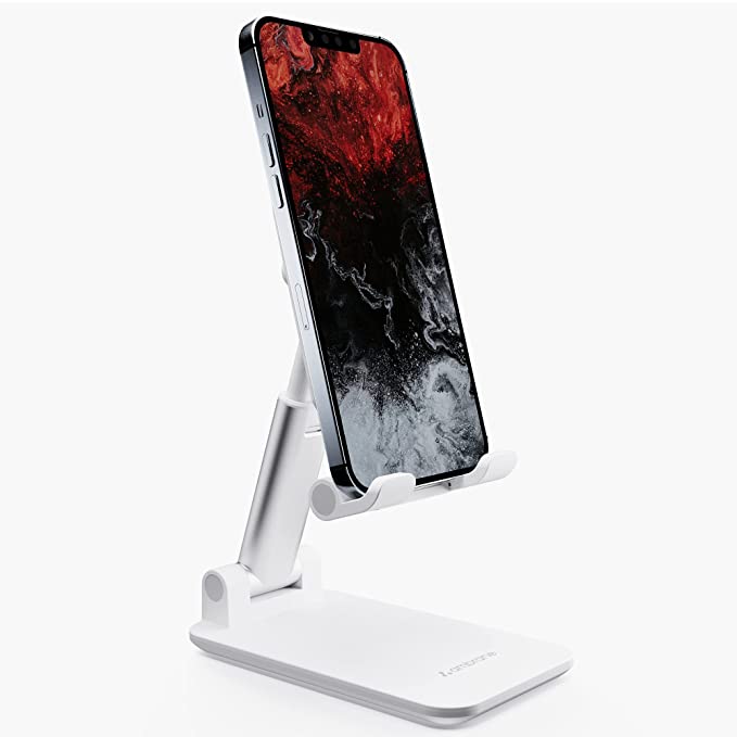 Ambrane Mobile Holding Stand, 180° Perfect View, Height Adjustment, Wide Compatibility, Multipurpose, Anti-Skid Design (Twistand, White)