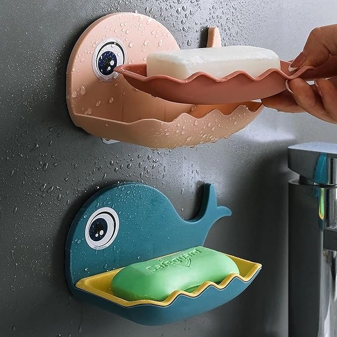 Wolpin Soap Stand & Holder for Bathroom & Kitchen Sink | Wall-Mounted Magic Sticker Soap Dish (Pack of 2, Fish Design, Random Color, Plastic)
