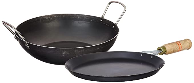 Amazon Brand - Solimo Sheet Metal Iron Cookware Set of 2 Pcs (Tawa 23 cm, Kadai 24 cm, Induction Friendly