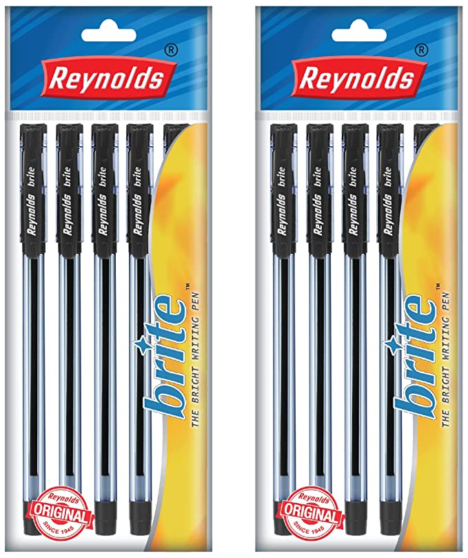 Reynolds BRITE BP - BLACK (Pack Of 10) | Lightweight Ball Pen With Comfortable Grip for Extra Smooth Writing I School and Office Stationery