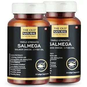 Salmega Triple Strength Salmon Omega 3 Fish Oil 1800mg, 600mg EPA & 400mg DHA with Vitamin E, Burp Free, Anti-Reflux, Molecularly Distilled, Heart, Brain & Joint Support, 60 Softgels (Pack of 2)