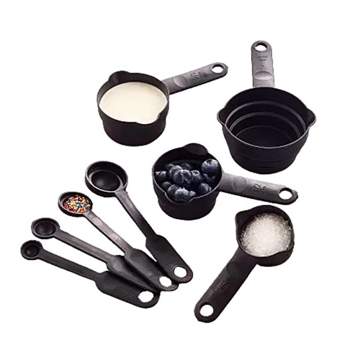 Suzec Plastic Measuring Spoon and Cup Set, 8-Pieces (Black, Pack of 1), Mix Size (Black)