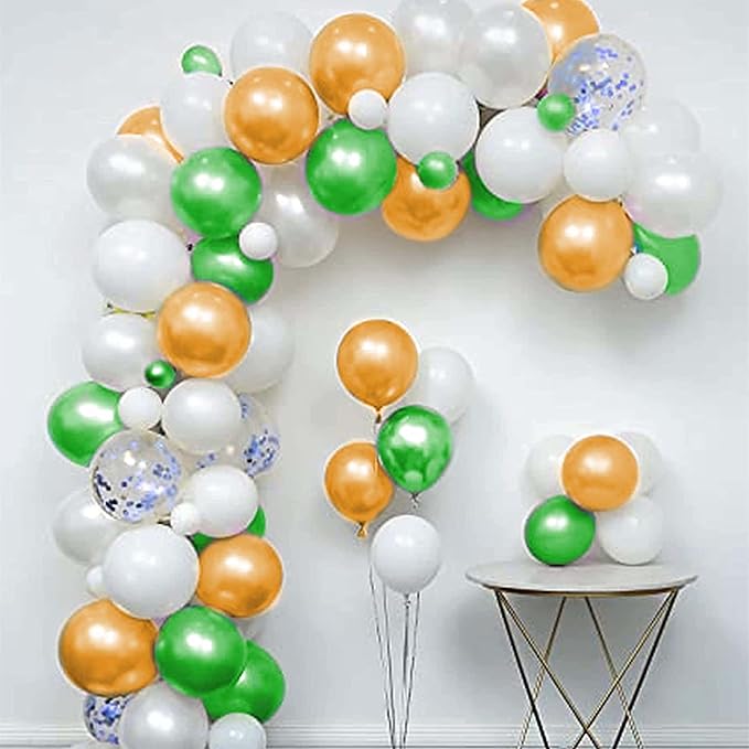 ITAF Orange White & Green Metallic Shiny Balloons and Blue Confetti Balloons For Birthday/Anniversary/Engagement/Wedding/Farewell/Any Special Event Theme Party Decoration - Pack of 50