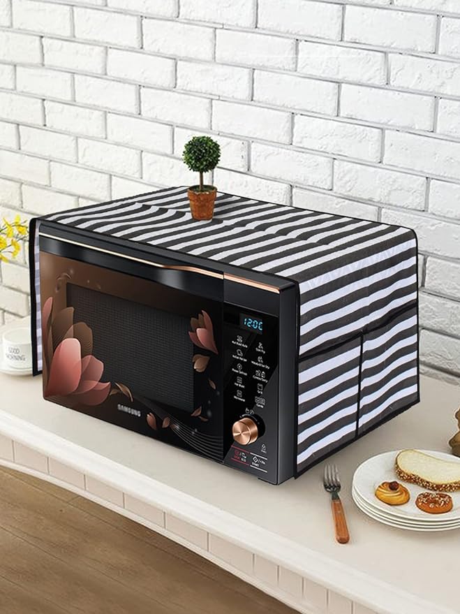 PrettyKrafts Microwave Oven Top Cover, Microwave Cover with Pockets Free Size, with 4 Utility Pockets, Stripes Black