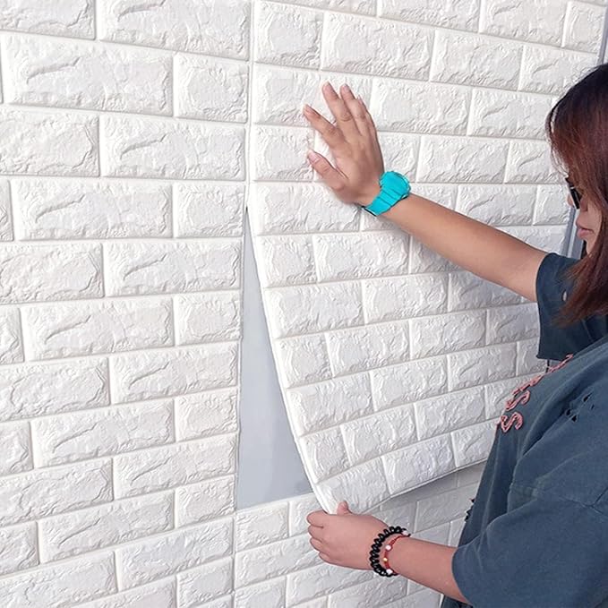 [Apply Coupon] - 3D Brick Wallpaper PE Foam self Adhesive Brick Design Wall Stickers/DIY Wallpaper for Home Hotel Living Room Bedroom Cafe Deco (70 x 77 cm, White)