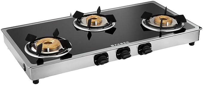 [Apply Coupon] - Faber Glass Top 3 Burner Gas stove with Jumbo Burner, Glass Mirror Border, Diamond Coated Crown Pan Support (HOB COOKTOP QUICK SILVER 3BB SS AI) Auto Ignition, Black