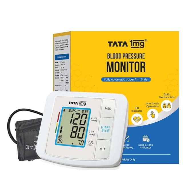 Tata 1mg Blood Pressure Monitor | Digital BP Check Machine For Home | Fully Automatic Upper Arm Style BP Monitor | With USB Cable & AA Battery | Large LCD Display | Memory 90 Sets For 2 Users, White