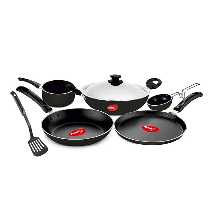 Pigeon Favourite 7 Piece Gift Set Non-Stick Coated Comes with Fry Pan, Kadhai, Lid, Sauce Pan, Spatula, Tadka Pan and a Tawa - Gas Stove Compatible (Black)