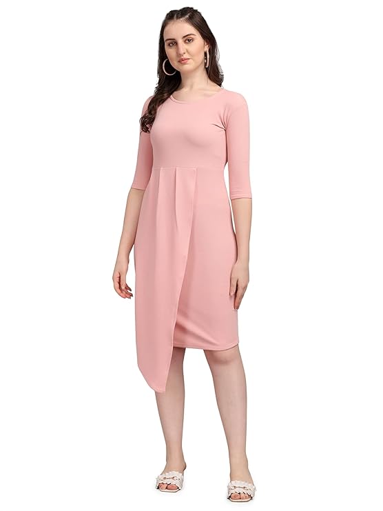 PURVAJA Women's Solid 3/4 Sleeve Knee-Length Dress