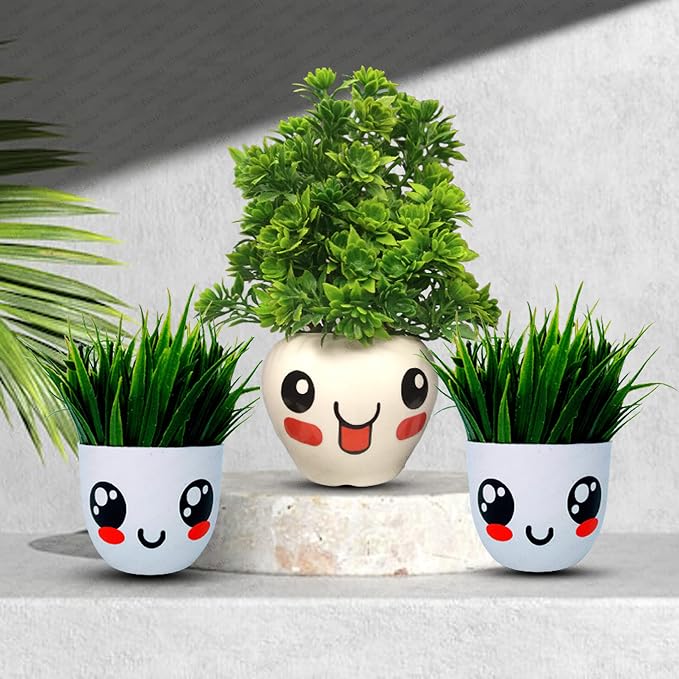 Set of 3 Artificial Plant Pots Faux Plants with Pot Set of 3 Small Size Studio Plants for Home Decor, Living Room, Balcony, (Green) Plastic
