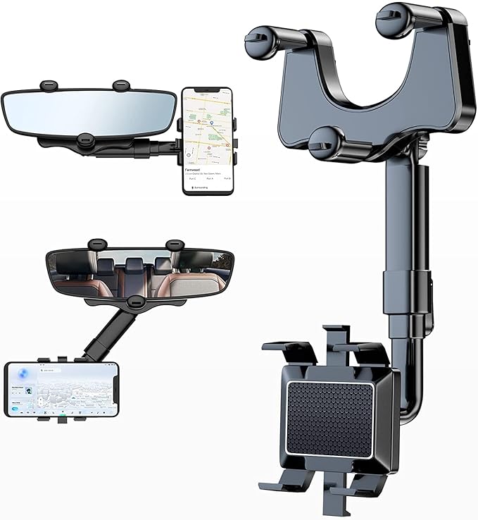 Hold Up 360°Rotatable and Retractable Car Phone Holder, Multifunctional Rearview Mirror Mobile Holder [Upgraded] Universal Phone Mount for Car Adjustable Rear View Mirror Car Mount for All Smartphones