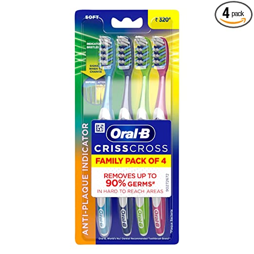Oral-B Crisscross Deep Clean Soft Bristle Manual Toothbrush For Adults, Multicolour Toothbrush Set, Oral B Dentist Recommended Brand (Pack of 4)