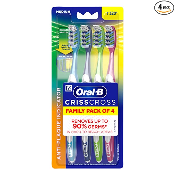 Oral-B Criss Cross Deep Clean Medium Bristles Manual Toothbrush For Adults,Tongue Cleaner, Multicolour Tooth Brush Set, Oral B Dentist Recommended Brand (Family Pack of 4)