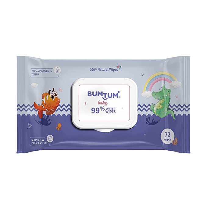 [Apply Coupon] - Bumtum Baby Gentle 99% Pure Water Soft Moisturizing Wet Wipes With Lid | Aloe Vera & Chamomile Extracts | Paraben & Sulfate Free (Pack of 1, 72 Pcs. Per Pack)