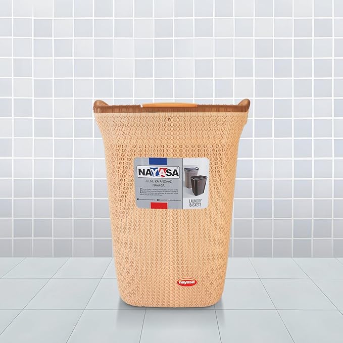 Nayasa Rope 54 Liters Plastic Laundry Basket for Clothes with Lid | Laundry Bag for Clothes | Laundry Basket Plastic | Clothes Basket | Multipurpose Basket for Storage | Light Brown