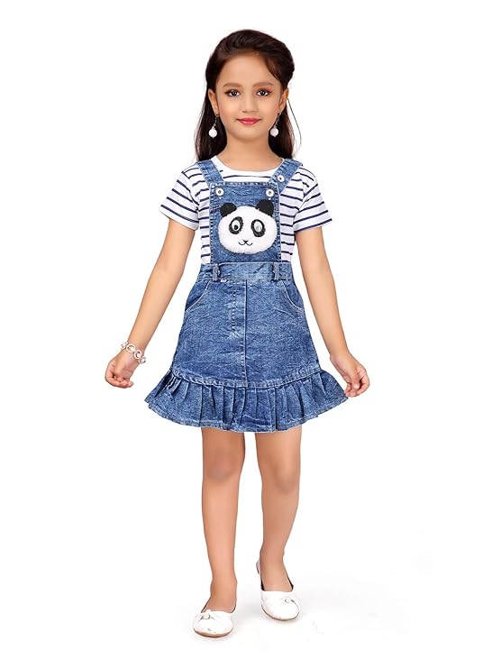Aarika Girl's Cotton Classic Knee-Length Dress (DDR-3021_White-Blue_28)