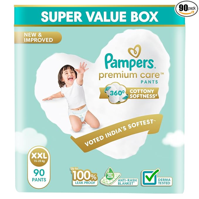 Pampers Premium Care Pant Style Baby Diapers, XX-Large (XXL size), 90 Count, 15-25kg, All-in-1 with 360