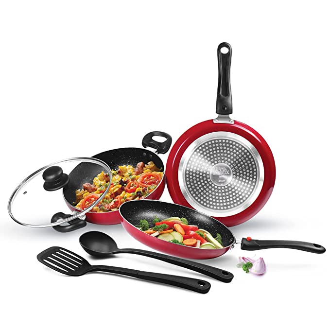 Milton Pro Cook Kitchen Jewel Set of 5 Non Stick Cookware | Induction and Gas Stove Friendly I Cooking Pan, Kadhai with Lid, Tawa I Maroon Color