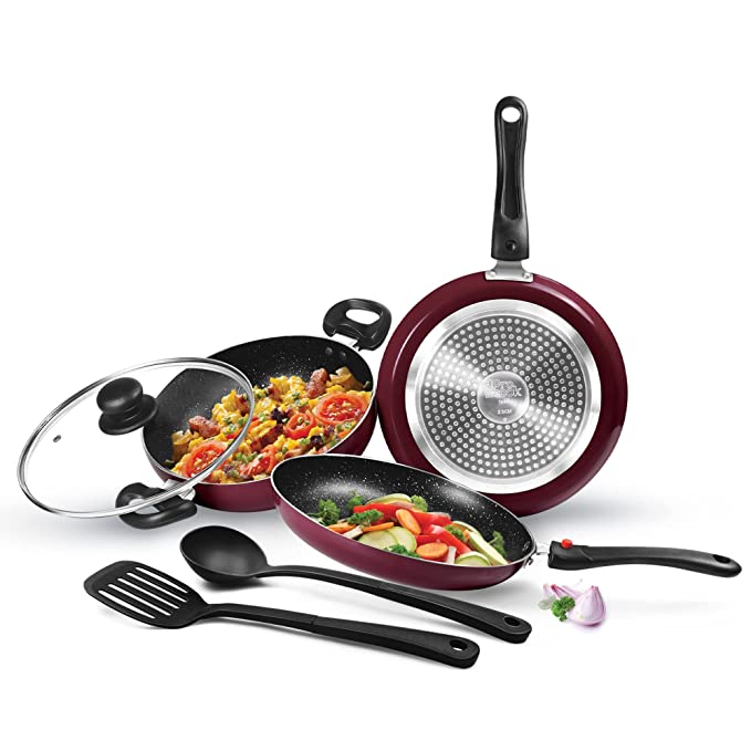 Milton Pro Cook Induction Cookware & Gas Stove Friendly Kitchen Jewel Set | 5 Pc Non-Stick Cookware Set | Kadhai with Lid, Fry Pan, Tawa, Laddle & Spatula | Durable 5-Layer Non Stick Coating | Peach