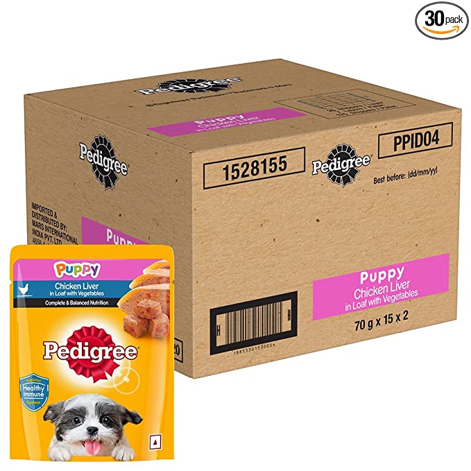Pedigree Wet Food for Puppy, Chicken Liver in Loaf with Vegetables Flavour, 30 Pouches (30 x70g)