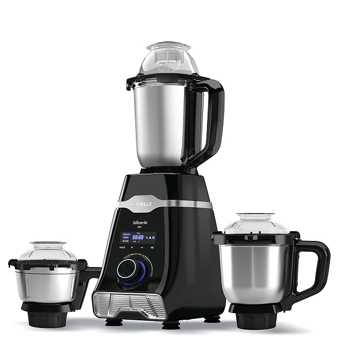 Havells Mixer Grinder Silencio | Powerful HVDC Motor |Hands Free Operation | Triple Safety Protection | Double Layered Jars | Smart Digital Control | 5 Year Motor Warranty  -  3 Jar (Black)