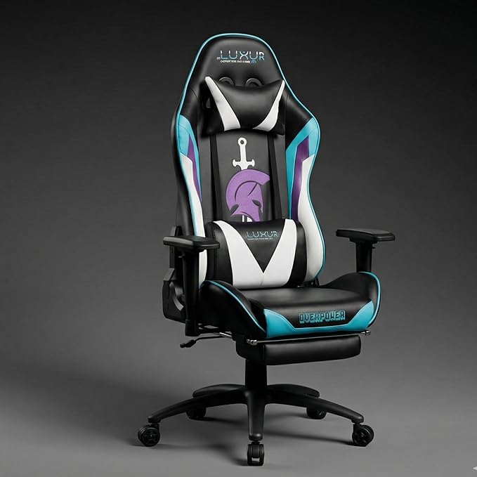 Dr Luxur Polyurethane Overpower Gaming Chair for Gaming,Home Office&Study- Perfect for Work from Home with Lumbar Support,4D Armrest,Footrest&180 Degree Recline,and Multi Locking Position(Overpower)