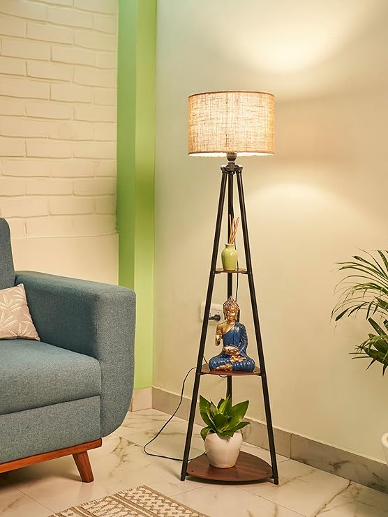 Crosscut Furniture LED Tripod Floor Lamp with 3 Shelves, Brown Jute, Metal Corner Floor Lamp, for Decoration and Gifting,B22 Bulb