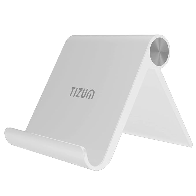 Tizum Foldable Tablet/Mobile Phone Stand Holder, Adjustable Angle, Anti-Slip Pads, Cradle, Dock Compatible for iPad, Tablets, Smartphones, Kindle with Screen up to 10-Inch (White)