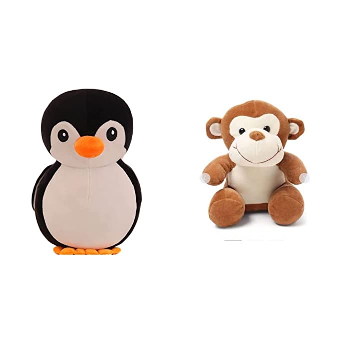 Babique Penguin Teddy Bear Plush Soft Toy Cute Kids Birthday Animal Baby Boys/Girls (28 cm, Black) + Plush Soft Toy Cute Kids Animal Home Decor Boys/Girls/Baby (28 cm, Monkey) - (Set of 2 Toys)