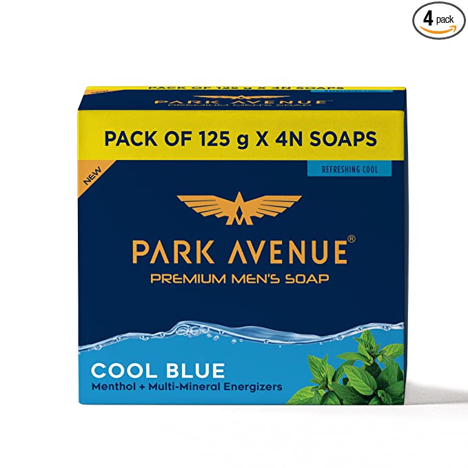 Park Avenue Premium Men's Soaps for Bath  -  Cool Blue | 125g (Pack of 4) | Menthol & Mineral Energizer | Grade 1 Soap | For All Skin Types