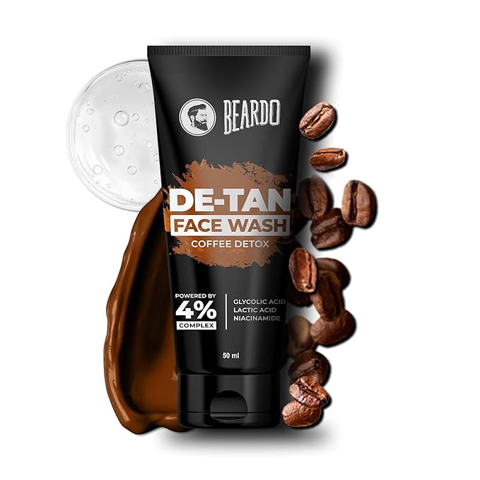 BEARDO DeTan Face Wash for Men, 50ml | Glycolic Acid,Niacinamide & Coffee | Helps to Reduce Tan,Reduce Dark Sports & Pigmentation | Exfoliates & Hydrates for Smooth & Oil Free Skin