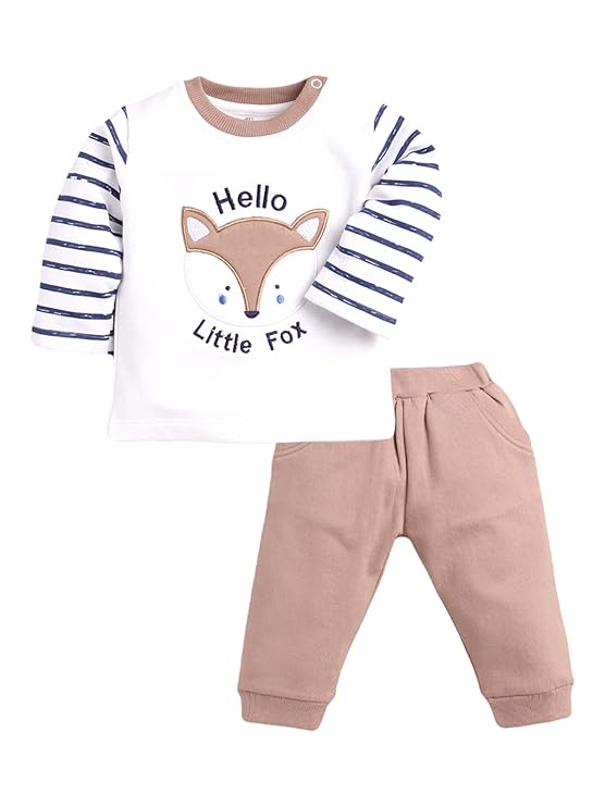 BABY GO Baby Boys Cotton Clothing Set | Full Sleeve T-Shirt & Pants Combo | Newborn Infant Outfit | Soft Fleece Tracksuit with Cute Animal Print | Casual Daily Wear Co-ord Set