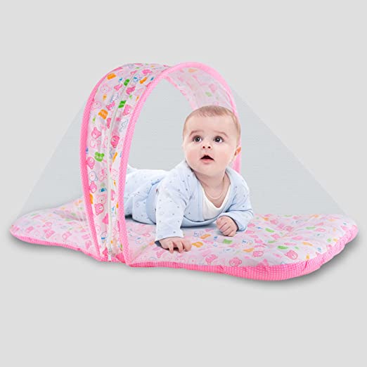 BabyPro Bedding Set for Newborns, Comes with Thick Mattress, Mosquito Net with Zip Closure & Neck Pillow for Baby Safety (1 Unit) (Pink)