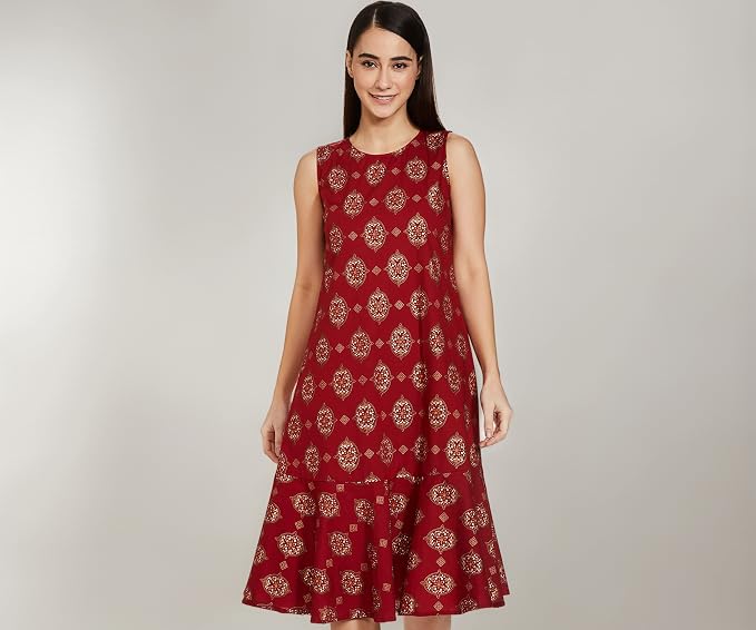 Amazon Brand - Myx A-line Sleeveless Dress (PAG 101_Golden JAAL RED_Large)