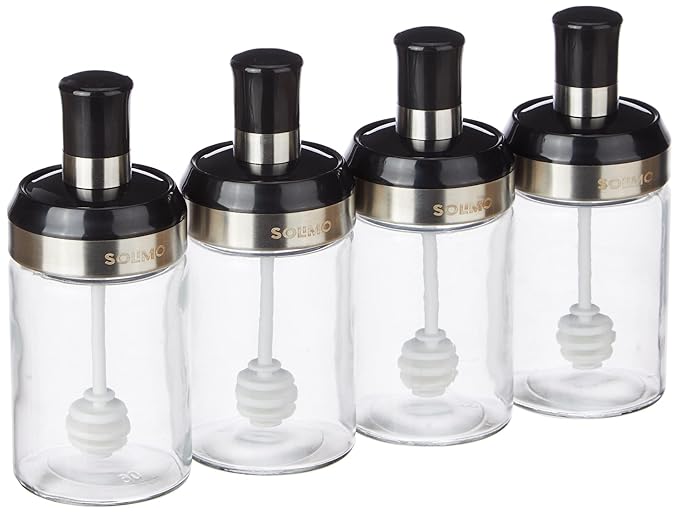 Amazon Brand - Solimo Borosilicate Glass Sauce Jar with Dipper, Set of 4 (250 Ml Each),Black