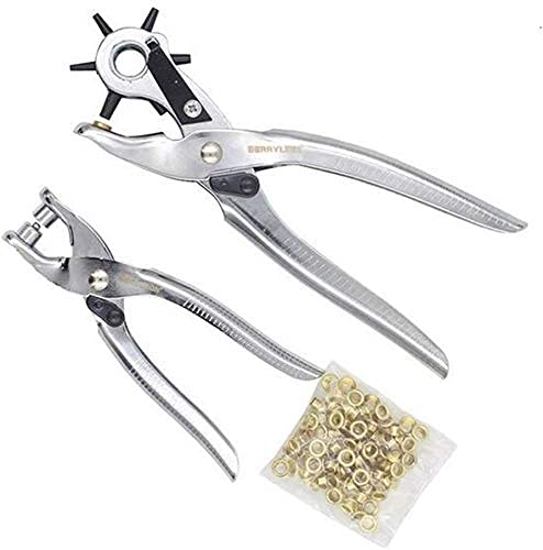 [Apply Coupon] - Multi-Function Metal Handheld Leather Belt Hole Punch Tool and Grommet Setting Kit,Eyelet Pliers Button Setter Tool Kit Set of 2