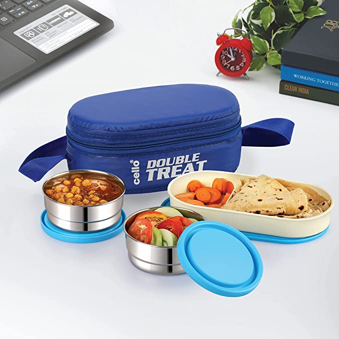 CELLO Double Treat Lunch Box with Jacket, 3 Container, (2 Units Round Container - 300 ml, 1 Unit Oval Container), Blue, Stainless Steel, Plastic