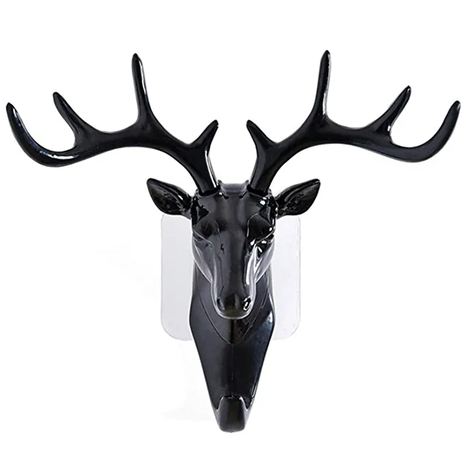 Kreelax Decorative Multipurpose Self Adhesive Deer Head Hanger Hooks (Black)