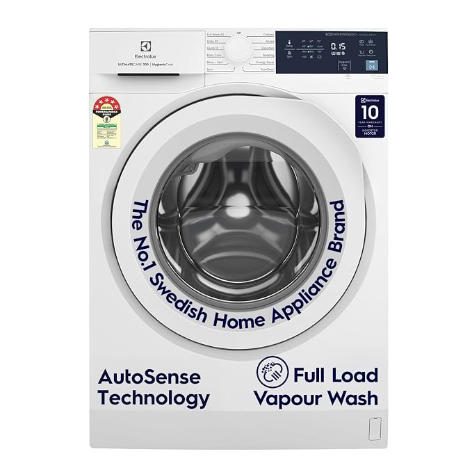 Electrolux 8kg 5 Star Front Load Washing Machine, AutoSense Technology, Full Load Vapour Wash, Hygienic Care, EcoInverter Motor, UltimateCare 300, EWF8024D3WB, White