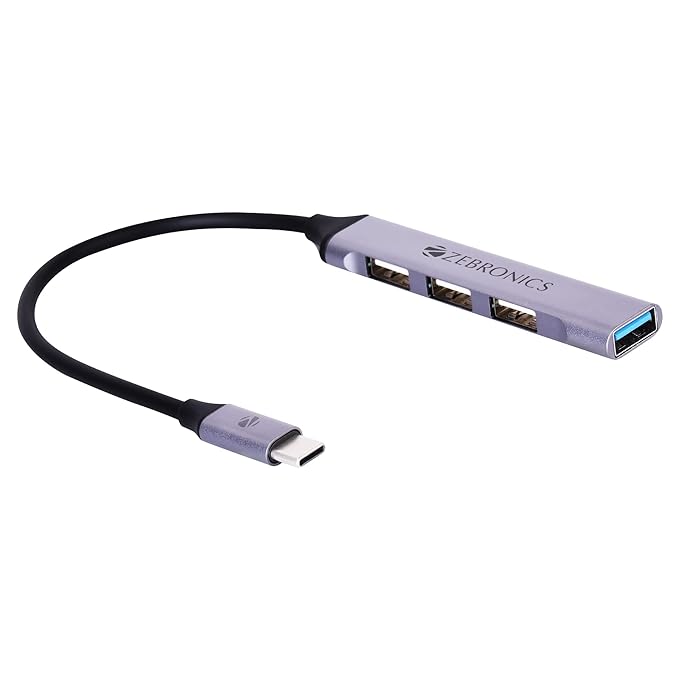 ZEBRONICS TA200U Type C to USB 3.0 4 Port hub with Hi Speed Data Transfer, Aluminum + ABS Body, 15cm Cable, Sleek Design and Plug Play Usage