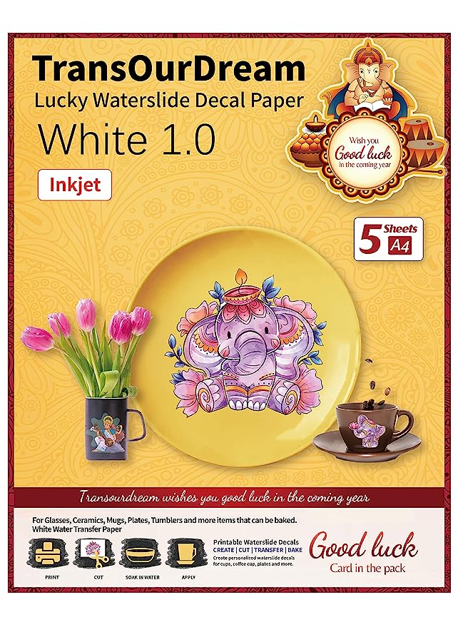 TransOurDream Inkjet White 1.0 Water Slide Decal Paper for Inkjet Printer WHITE (5 Sheets, A4 Size)
