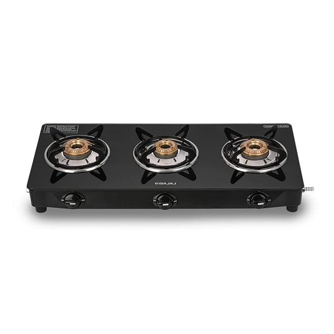Bajaj UCX 3B Powder Coated Glasstop Gas Stove | 3 Burners | Open Black