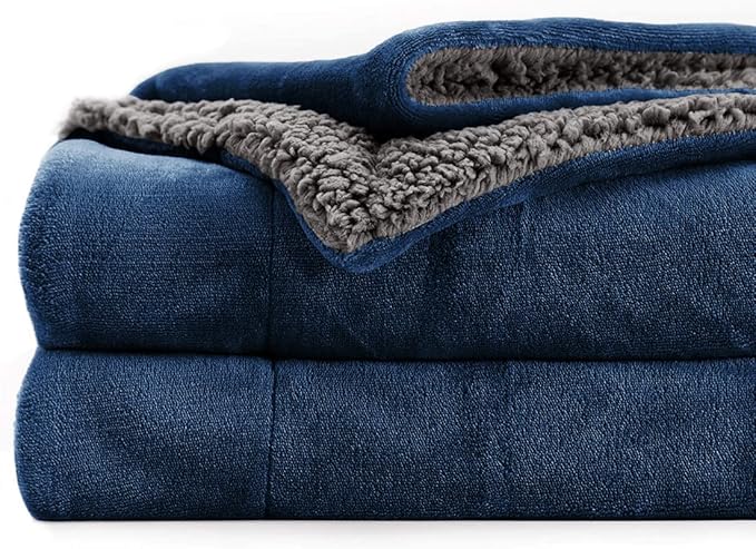 BSB HOME Polyester Micromink Summer Ac/Mild Winter/Heavy Winter Sherpa Blanket Super Soft Flannel Solid/Plain, Blue & Grey, Size 150 X 228 Cms (Approx 4X7 Ft) (Single), 200 TC