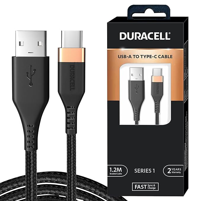 Duracell Usb-A To Type C, 65W Braided Sync&Fast Charging USB Cable, 3.9 Feet(1.2M), Qc 2.0/3.0 Ultra Fast Charging, For Samsung, Mi, Realme, Oppo, One Plus, Seamless Data Transmission, Series 1,Black