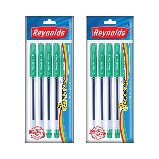 Reynolds JIFFY GEL 5 PEN BAG - Pack of 2 | GREEN Gel Pen I Lightweight Gel Pen With Comfortable Grip for Extra Smooth Writing I School and Office Stationery