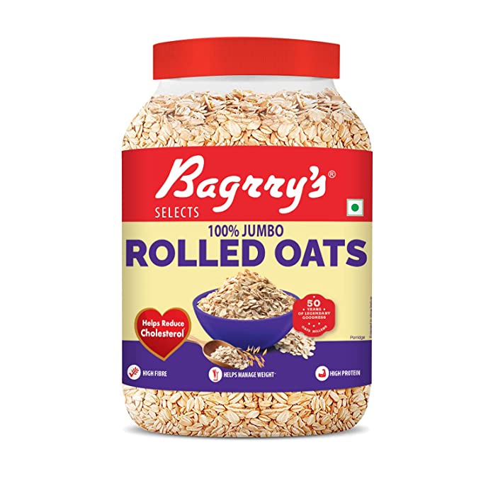 Bagrry's 100% Jumbo Rolled Oats 1.2kg Jar | Whole Grain Rolled Oats with High Fibre, Protein | Non GMO | Healthy Food with No Added Sugar | Diet food for Weight Management | Premium Rolled Oats | Nutritious & Healthy Breakfast Cereal | Instant Oats