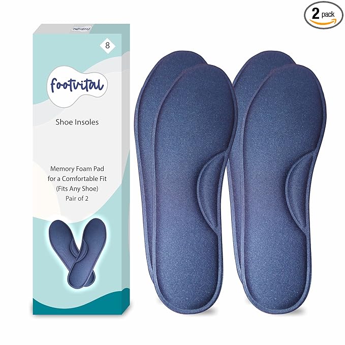 Footvital Memory Foam Shoe Insoles Comfortable Insoles Supports Heel & Arch Absorbs Foot Sweat & Moisture Ultra Soft Cushioned Lightweight Durable Washable Pads for Men & Women Blue (2 Pair)(Size-8)