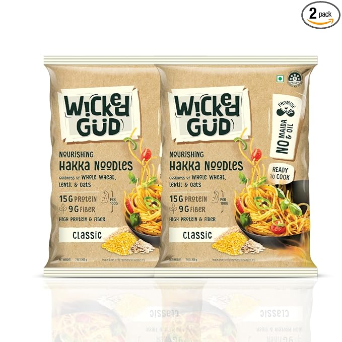 WickedGud Hakka Noodles, Pack of (200gm x 2) | Whole Wheat | Lentils | Oats | No Maida | No Oil | No MSG | High Protein | High Fibre | Cholesterol Free