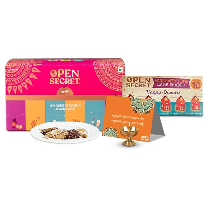 Open Secret Gift Hamper Item Snacks Combo Box | 3 Item Gift Combo - Assorted Cookies + Card + Decorative Lights | Healthy Unjuncked Food | Gift Box or Family, Friends, Corporate
